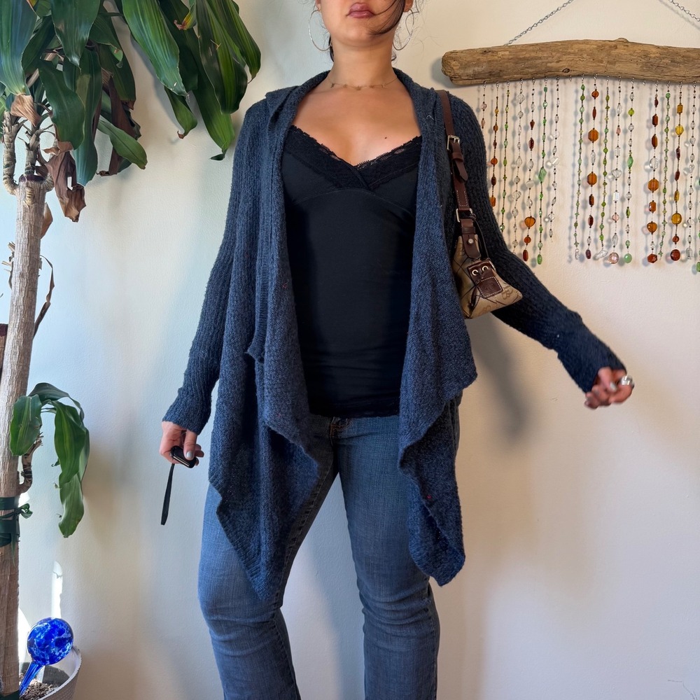 Abercrombie & Fitch Navy Blue Knit Hooded Cardigan Indie Cozy Fall Sweater Small